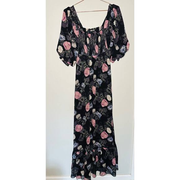 Nicholas Black Purple Floral 100% Silk Square Neckline A-Line Maxi Dress size 10 - Picture 2 of 14